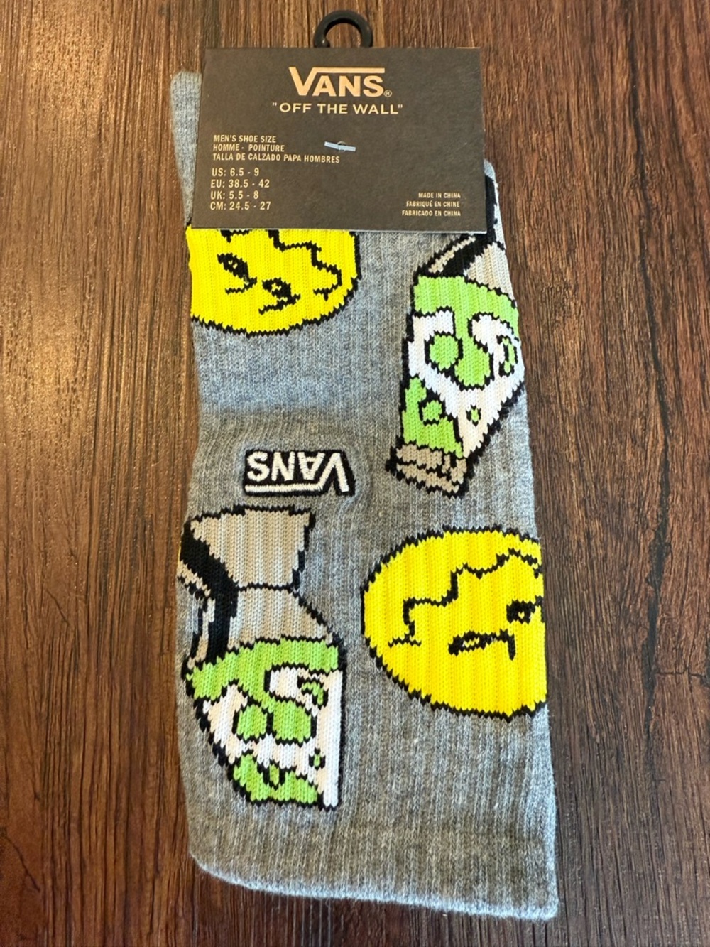 Vans Gray Crew Socks with Yellow & Green Smile Graphics